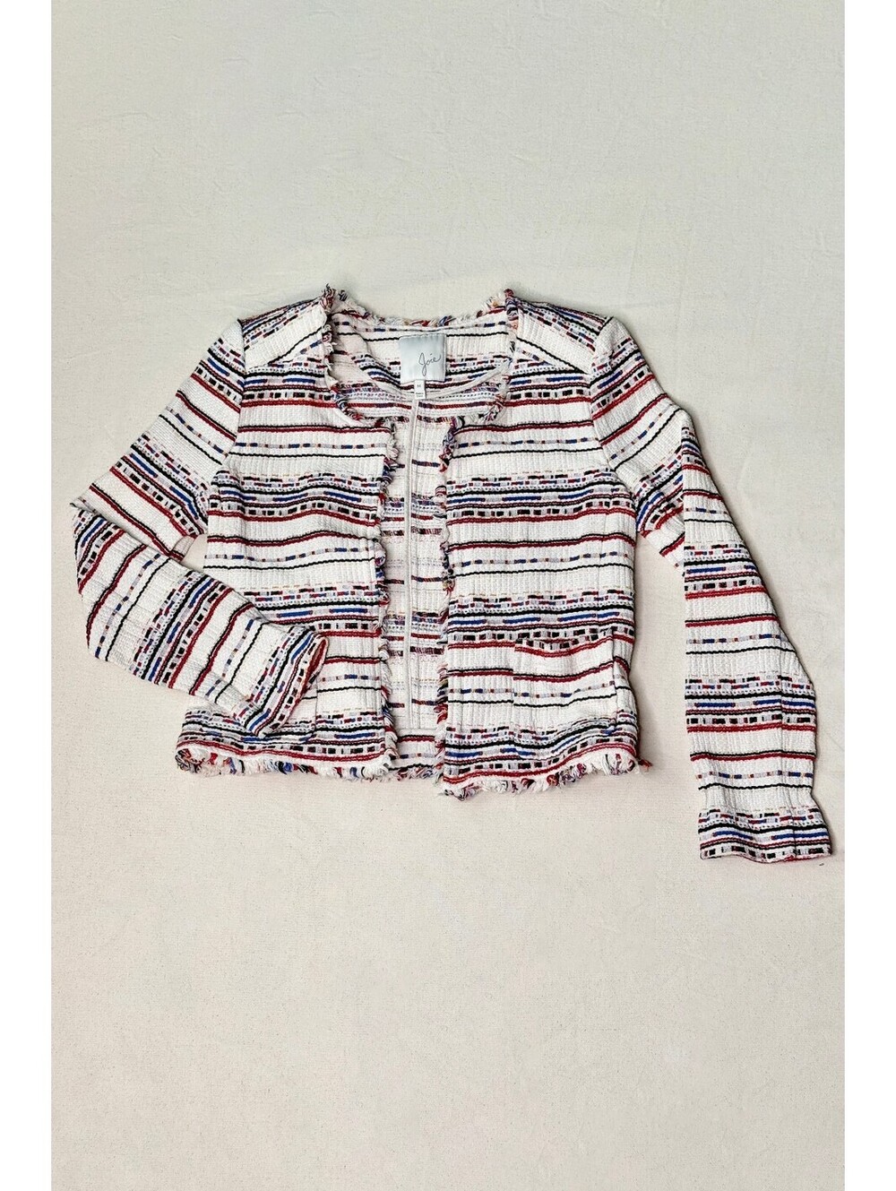 Joie Silana Tweed Jacket M Cream Red Blue Fringe Open Front Blazer